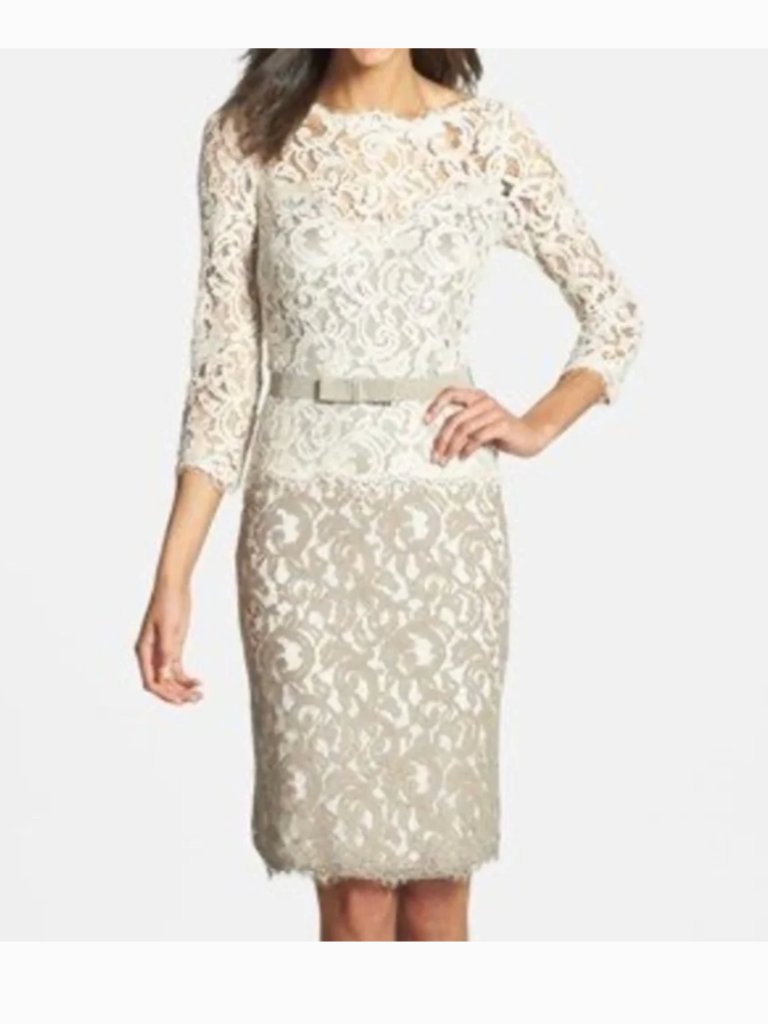 Nwt Tadashi Shoji Formal Illusion Lace Two-Tone Gown With Grosgrain Ribbon Belt